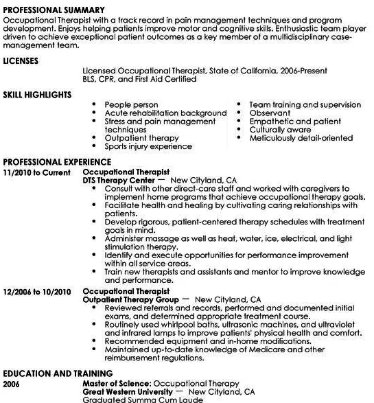 Well Formatted Example of Occupational Therapist Resume